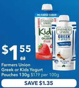 Ritchies Farmers Union Greek or Kids Yogurt Pouches offer
