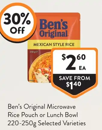 Foodworks Ben's Original Microwave Rice Pouch or Lunch Bowl offer