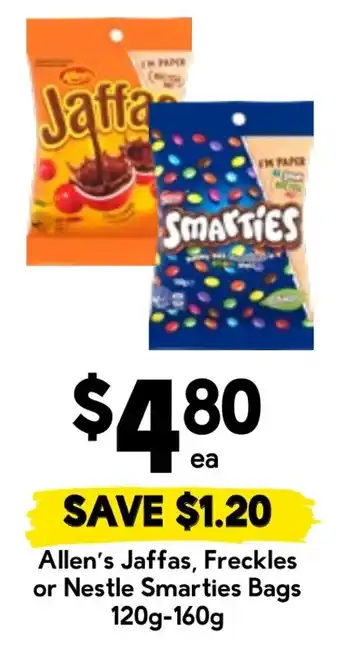 Drakes Allen's Jaffas, Freckles or Nestle Smarties Bags offer
