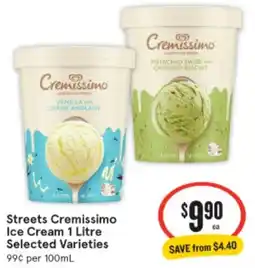 IGA Streets Cremissimo Ice Cream 1 Litre Selected Varieties offer