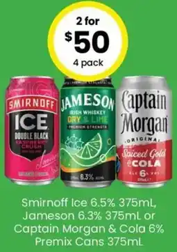 The Bottle O Smirnoff Ice 6.5%, Jameson 6.3% or Captain Morgan & Cola 6% Premix Cans offer