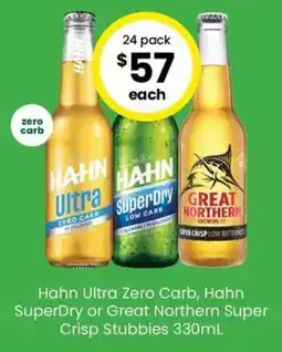 The Bottle O Hahn Ultra Zero Carb, Hahn SuperDry or Great Northern Super Crisp Stubbies offer