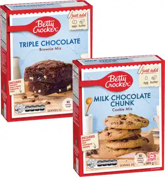 Coles Betty Crocker Choc Chunk Cookie Mix 485g or Triple Choc Fudge Brownie Mix 500g offer