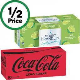 Woolworths Coca-Cola Soft Drink or Mount Franklin Lightly Sparkling Water Varieties 10 x 375ml offer