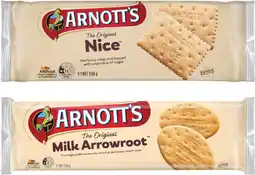 Coles Arnott's Nice or Milk Arrowroot Biscuits 250g offer