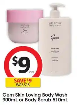Coles Gem skin loving body wash or body scrub offer