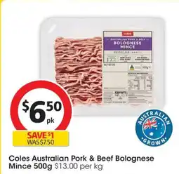 Coles Coles Australian Pork & Beef Bolognese Mince offer