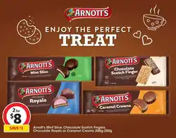 Coles Arnott's Mint Slice, Chocolate Scotch Fingers, Chocolate Royals or Caramel Crowns offer