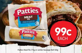 Spudshed Patties Meat Pie or Jumbo Sausage Roll offer