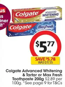 Coles Colgate Advanced Whitening & Tartar or Max Fresh Toothpaste offer