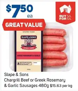 Foodland Slope & Sons Chargrill Beef or Greek Rosemary & Garlic Sausages offer