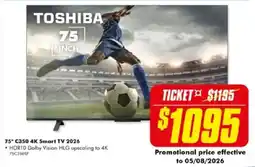 The Good Guys Toshiba 75" C350 4K Smart TV 2026 offer