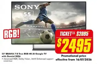 The Good Guys Sony 55" BRAVIA 7 II True RGB 4K AI Google TV with Gemini 2026 offer