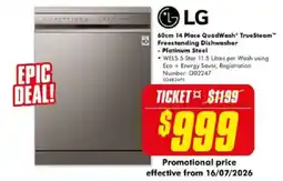 The Good Guys LG 60cm 14 Place QuadWash TrueSteam Freestanding Dishwasher - Platinum Steel offer