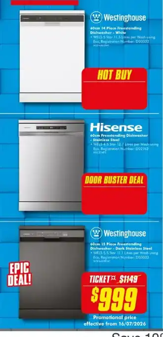 The Good Guys Westinghouse 60cm 15 Place Freestanding Dishwasher - Dark Stainless Steel offer