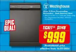 The Good Guys Westinghouse 15 Place Freestanding Dishwasher Dark Stainless Steel offer