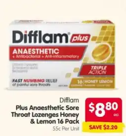 Spar Difflam Plus Anaesthetic Sore Throat Lozenges Honey & Lemon offer