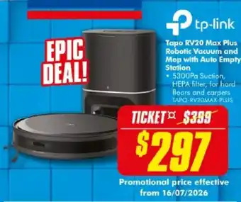 The Good Guys tp-link Tapo RV20 Max Plus Robotic Vacuum and Mop with Auto Empty Station offer