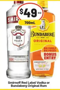 Supa Valu Smirnoff Red Label Vodka or Bundaberg Original Rum offer