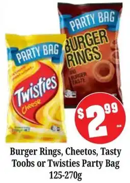 Farmer Jack's Burger Rings, Cheetos, Tasty Toobs or Twisties Party Bag offer