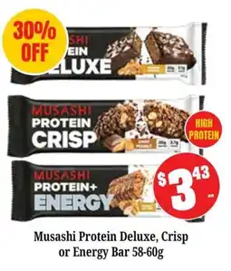 Farmer Jack's Musashi Protein Deluxe, Crisp or Energy Bar offer