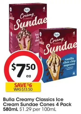 Coles Bulla Creamy Classics Ice Cream Sundae Cones offer