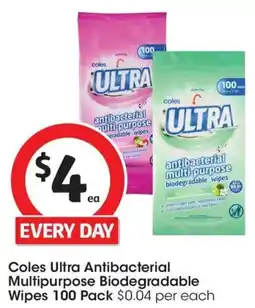 Coles Coles Ultra Antibacterial Multipurpose Biodegradable Wipes 100 Pack offer