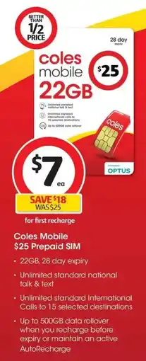 Coles Coles Mobile $25 Prepaid SIM offer