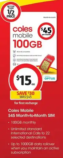 Coles Coles Mobile $45 Month-to-Month SIM offer