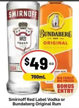 Ritchies Smirnoff Red Label Vodka or Bundaberg Original Rum offer
