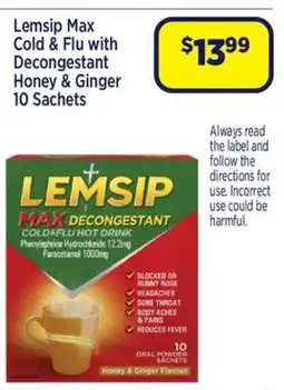 Star Discount Chemist Lemsip Max Cold & Flu with Decongestant Honey & Ginger offer