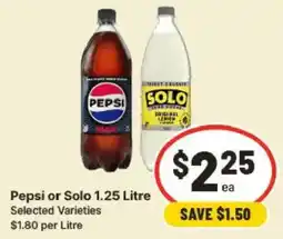 IGA Pepsi or Solo 1.25 Litre Selected Varieties offer
