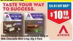 Chemist Warehouse Atkins Endulge Chocolate Coconut or Milk Chocolate Mint Crisp offer