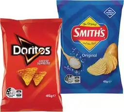 IGA Doritos Cheese Supreme Corn Chips 45g or Smith’s Crinkle Cut Chips 45g Selected Varieties offer
