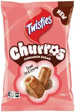 IGA Twisties Cinnamon Sugar Churros 120g or Smith’s Double Crunch Chips 150g Selected Varieties offer