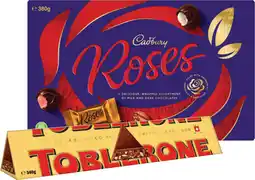 IGA Toblerone Milk Chocolate Bar 340g or Cadbury Roses Chocolate Box 380g offer