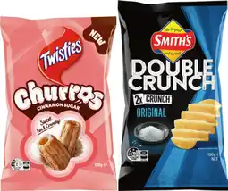 IGA Smith’s Double Crunch Chips 150g or Twisties Churros Cinnamon Sugar 120g Selected Varieties offer