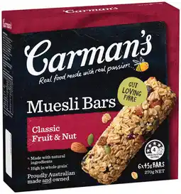 IGA Carman’s Muesli Bars 6 Pack or Nut Bars 5 Pack Selected Varieties offer