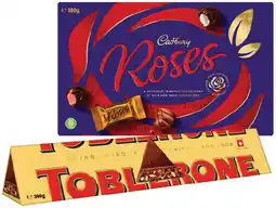 IGA Toblerone Milk Chocolate Bar 340g, Toblerone Pralines 180g or Cadbury Roses Chocolate Box 380g offer