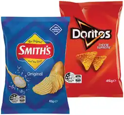IGA Doritos Corn Chips, Smith’s Crinkle Cut 45g or Stax Chips 42g Selected Varieties offer