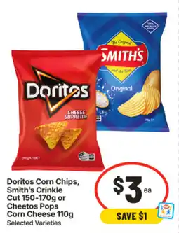 IGA Doritos Corn Chips, Smith's Crinkle Cut or Cheetos Pops Corn Cheese offer