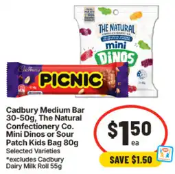 IGA Cadbury Medium Bar 30-50g, The Natural Confectionery Co. Mini Dinos offer