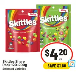 IGA Skittles Share Pack 120-200g Selected Varieties offer