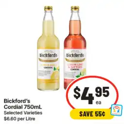 IGA Bickford's Cordial 750mL Selected Varieties offer
