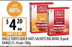 Supabarn Uncle Tobys Quick Oats Sachets Big Bowl offer