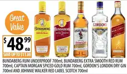Supabarn Bundaberg Rum Underproof, Bundaberg Extra Smooth Red Rum, Captain Morgan Spiced Gold Rum, Gordon's London Dry Gin and Johnnie offer