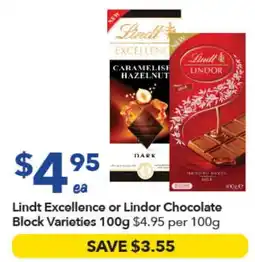 Ritchies Lindt Excellence or Lindor Chocolate Block Varieties offer