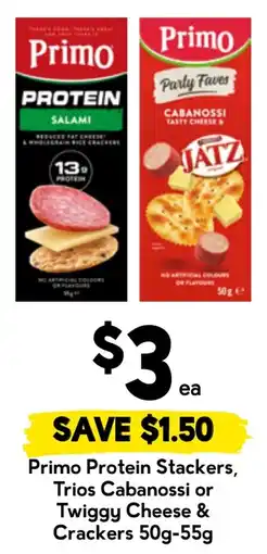 Drakes Primo Protein Stackers, Trios Cabanossi or Twiggy Cheese & Crackers offer