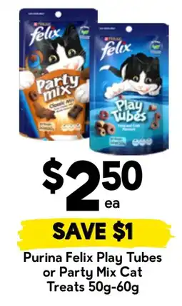 Drakes Purina Felix Play Tubes or Party Mix Cat Treats offer