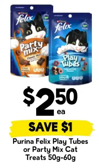 Drakes Purina Felix Play Tubes or Party Mix Cat Treats offer